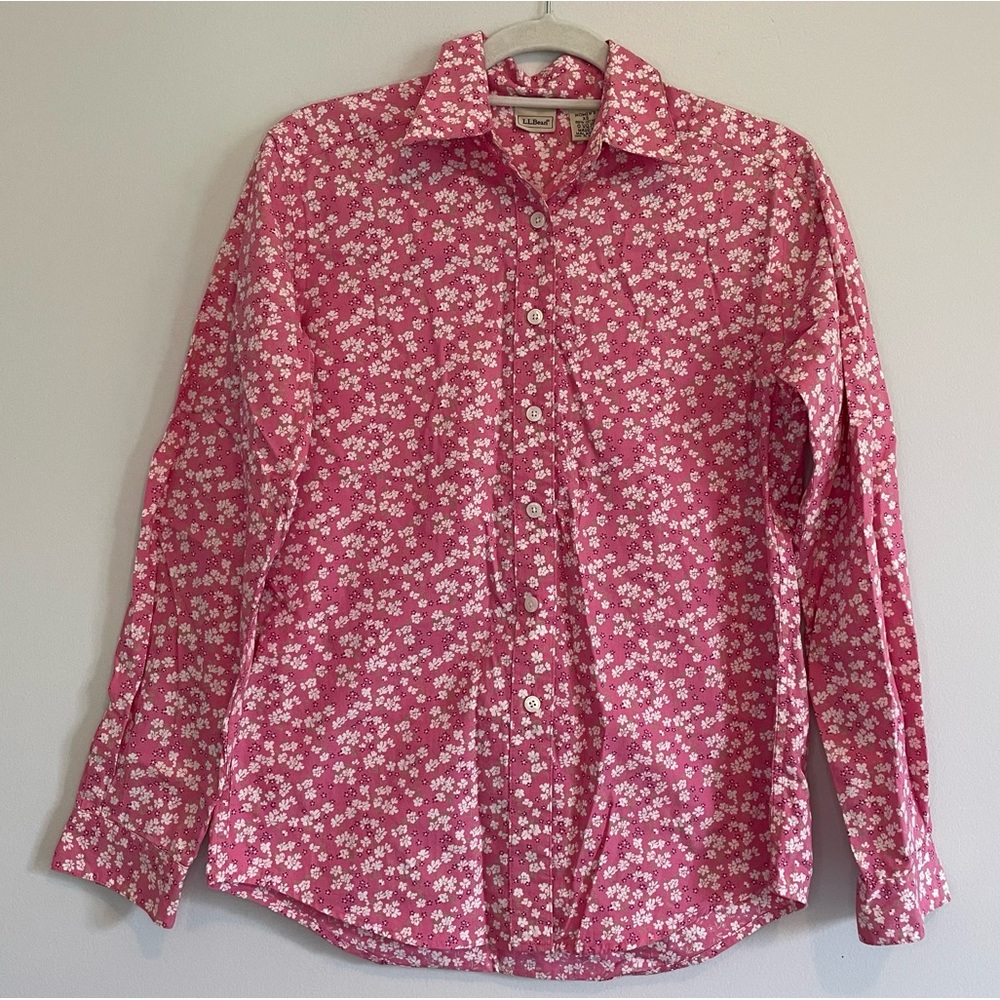 LL Bean Pink and White Floral Button Down Shirt